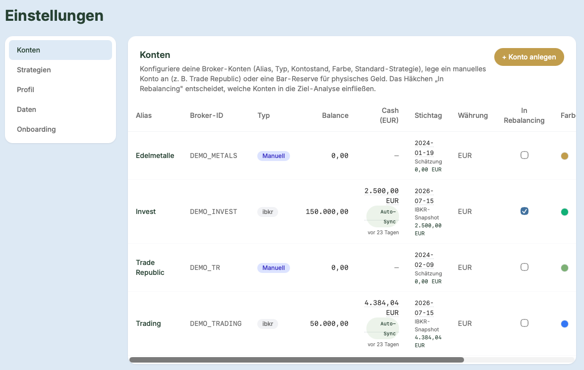 Konten-Tab mit Rebalancing-Checkbox