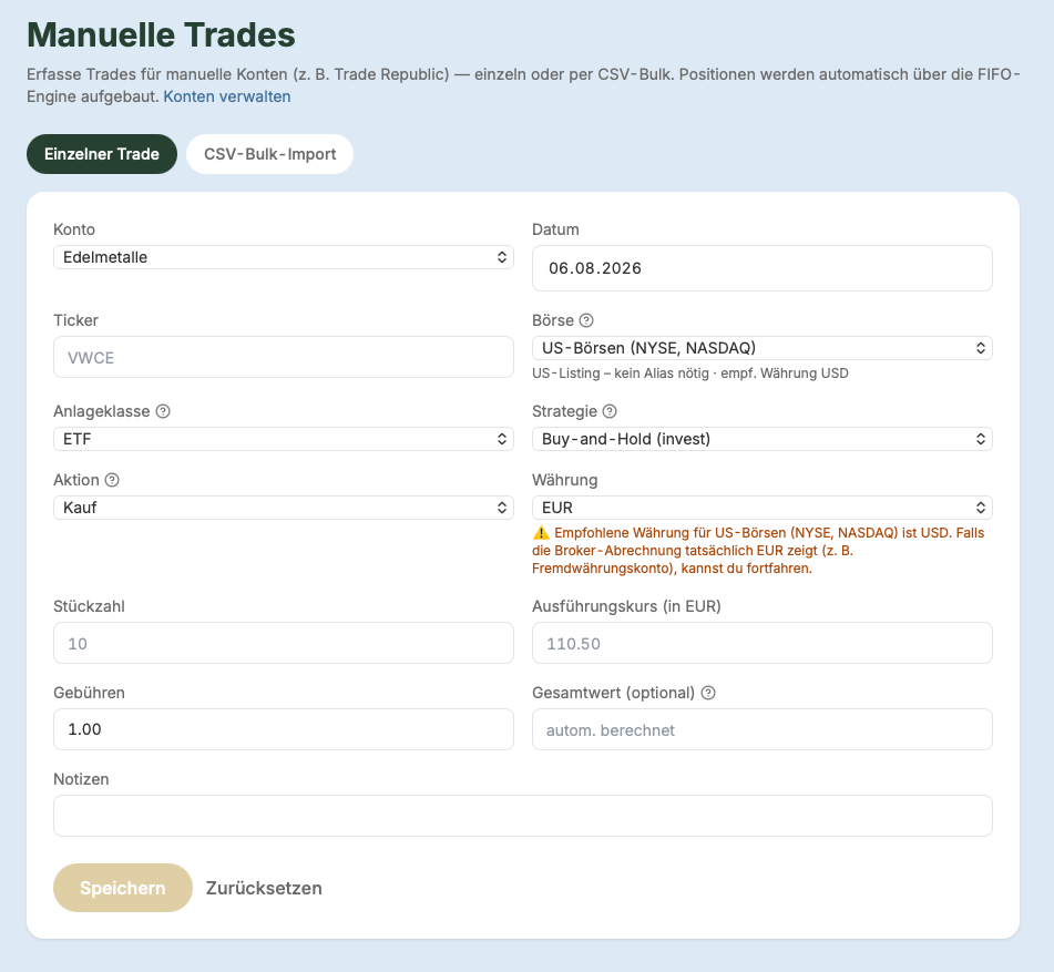Manuelles Trade-Formular für Aktien und ETFs