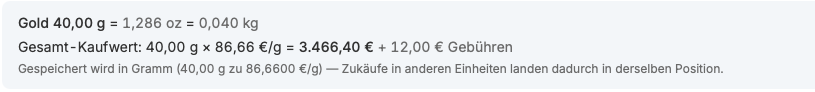 Live-Preview mit Umrechnung Gramm Unzen Kilogramm
