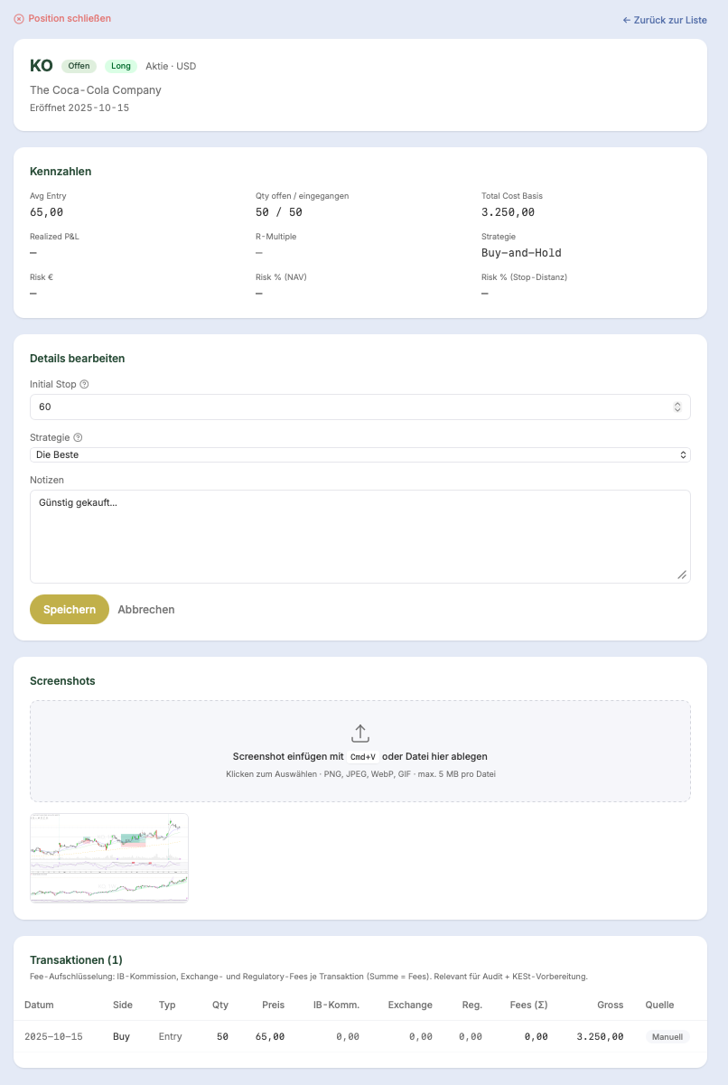 Positions-Detail-Seite mit Kennzahlen und Transaktionen