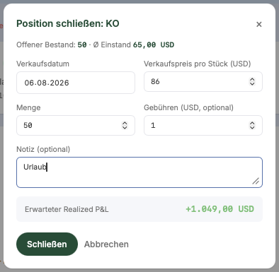 Close-Modal mit Preis und Datum